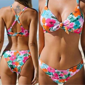 Women’s Floral Pink & Blue Boutique Bikini Swimsuit Set Tie Front size small
